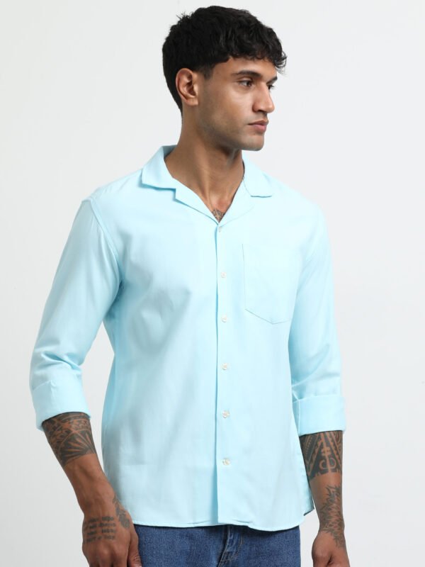Sky Blue Cuban collar solid full sleeve shirt