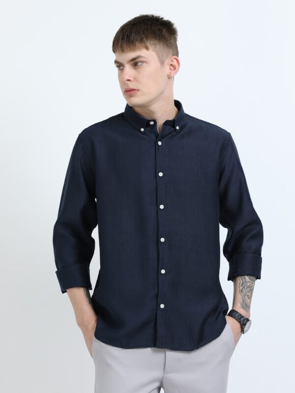 Navy Blue Textured Solid Button-Down Collar Shirt